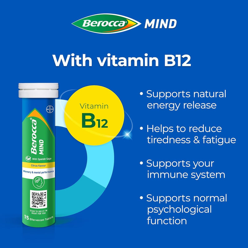 Berocca Mind Effervescent Tablets Including B Vitamins, with Spanish Sage to Support Memory and Mental Performance - 15 Tablets x 4 Pack - Citrus Flavour 1 count (Pack of 60)