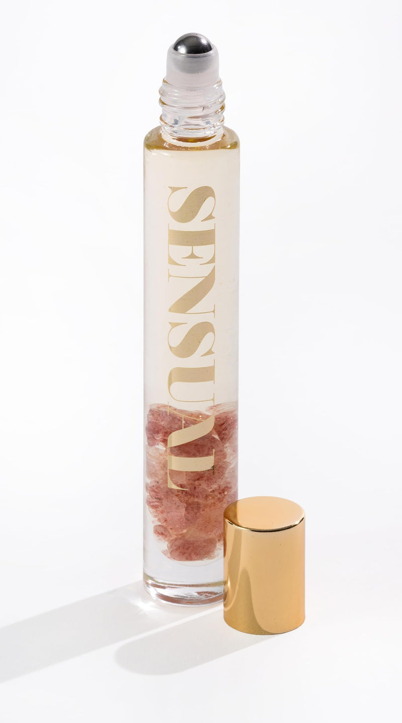 Essential Oil Rollerballs, .34 OZ, Sensual, Made in USA | Scents of Star Anise, Rose, Sichuan Pepper & White Musk - Strawberry Quartz Crystal Infused, Aromatherapy Roll On, Massage 0.34 Fl Oz (Pack of 1)
