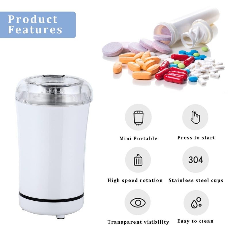 Multifunctional Electric Pill Crusher, Grind and Pulverize Multiple Pills, Small and Large Vitamin Tablets to Grinder Fine Powder, Mortar and Pestle, Crusher for Feeding Tube, Children, Pets (White) White