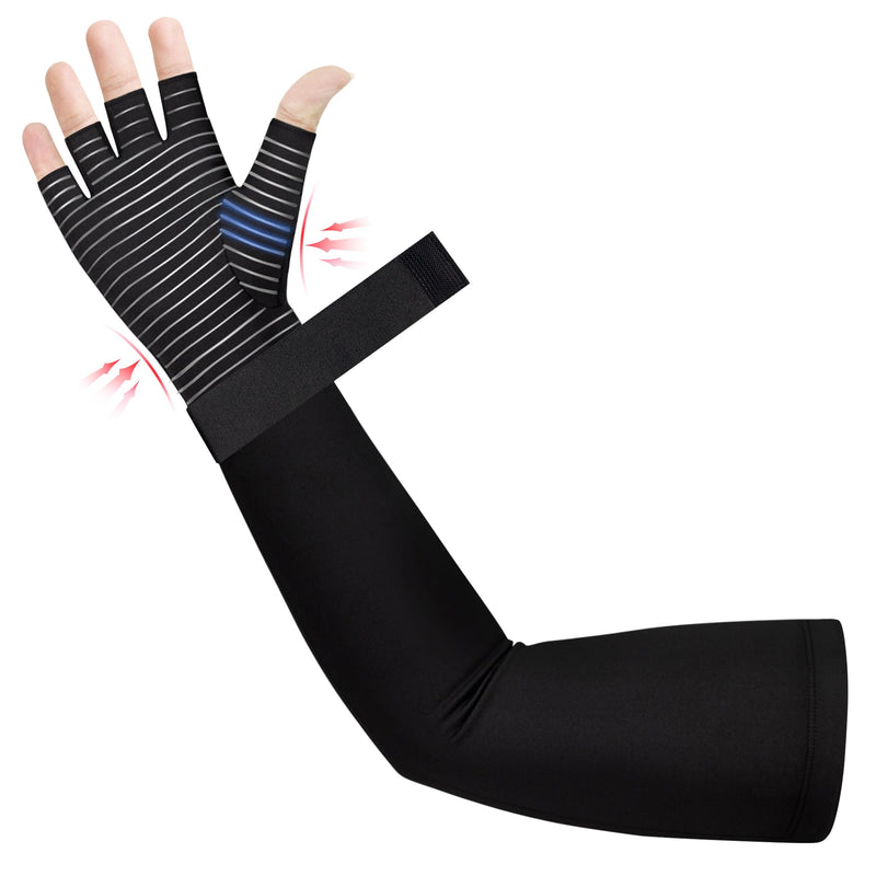 [Australia] - Copper Long Compression Arthritis Glove with Wrist Strap (1 Pcs), 20-30 mmHg Lymphedema Compression Arm Sleeve with Gauntlet, Fingerless Graded Pressure Full Arm and Hand Support for Men Women Right Hand Black Large 