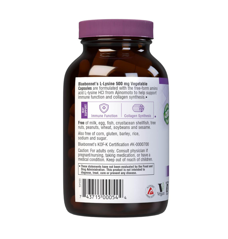 [Australia] - Bluebonnet Nutrition L-Lysine 500mg, for Healthy Immune Function, Supports Collagen Synthesis, Soy-Free, Gluten-Free, Non-GMO, Kosher Certified, Vegan, 100 Capsules 