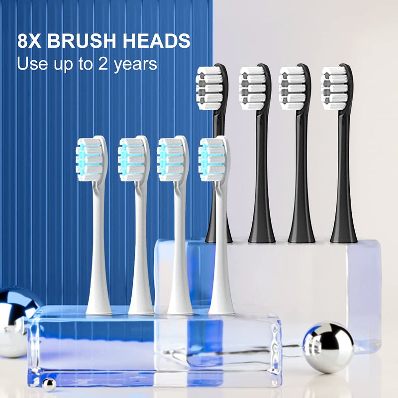 2 Pack Rechargeable Electric Toothbrushes for Adults and Kids, Whitening Tooth Brush with 8 Brush Heads, 6 Cleaning Modes and Smart Timer, Waterproof Cleaning Toothbrushes Set Black & White