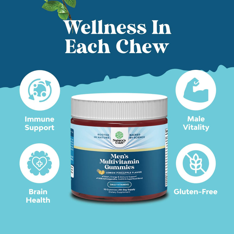 Men's Multivitamin Gummies with Superfood Complex - Daily Multivitamin for Men Gummies with CoQ10 and Ashwagandha for Energy and Immune Support - Adult Gummy Essential Minerals - 90 Count