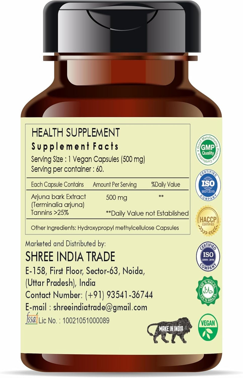 [Australia] - Arjuna Extract 500mg - 60 Vegetarian Capsules| |Terminalia Arjuna Tannis |All Natural | 100% Vegan | Gluten-Free | GMP Certified 60 Count (Pack of 1) 