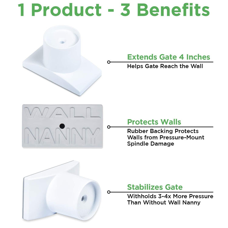 [Australia] - Wall Nanny Extender - 4 Inch Baby Gate Extension Guard (Made in USA) Extends Pressure Mounted Gates - Protects Walls, Stabilizes Gate, for Child, Pet Gate & Dog Gate, Protector Works on Stairs, 4 Pack White 