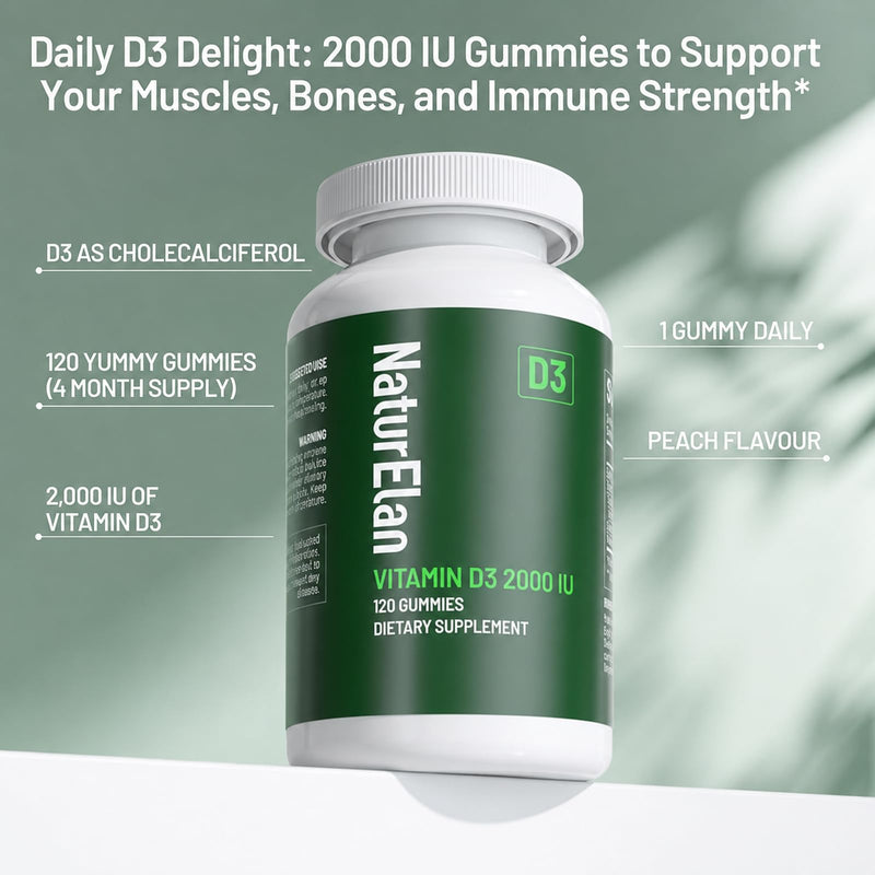 NaturElan Vitamin D3 Gummies - 120 Gummies, 2000 IU Vitamin D3, Sugar Free | Boost Bones, Mood & Immune System Function, Third Party Tested, Yummy Peach Flavor, Vegan & Gluten Free, 120 Servings 120 Count (Pack of 1)