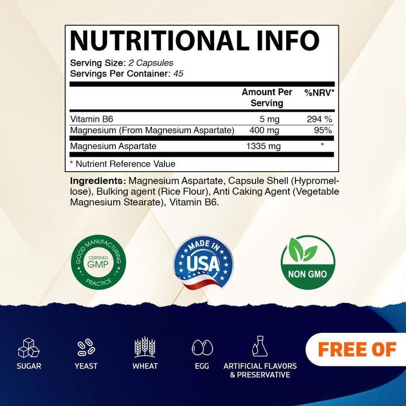 Vitamatic Magnesium Aspartate 400mg per Serving - 90 Vegetarian Capsules - Added B6 for Maximum Absorption - Supports Muscle, Joint, and Heart Health*