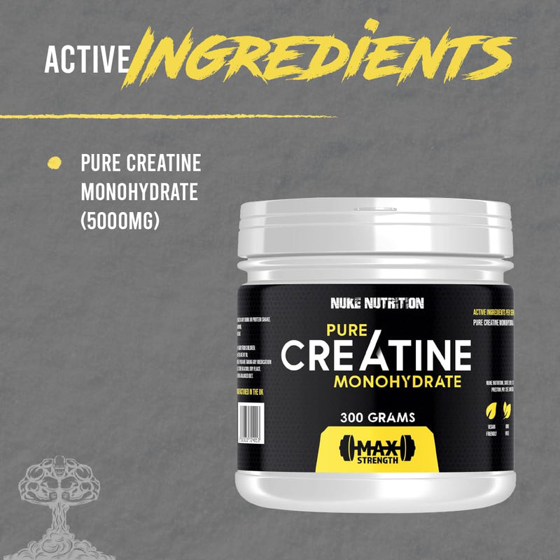 Nuke Nutrition Creatine Monohydrate Powder 300g - Micronised Creatine Powder for Gym Workout - Unflavoured Muscle Building Supplements for Post and Pre-Workout - Improve Performance & Bolster Strength