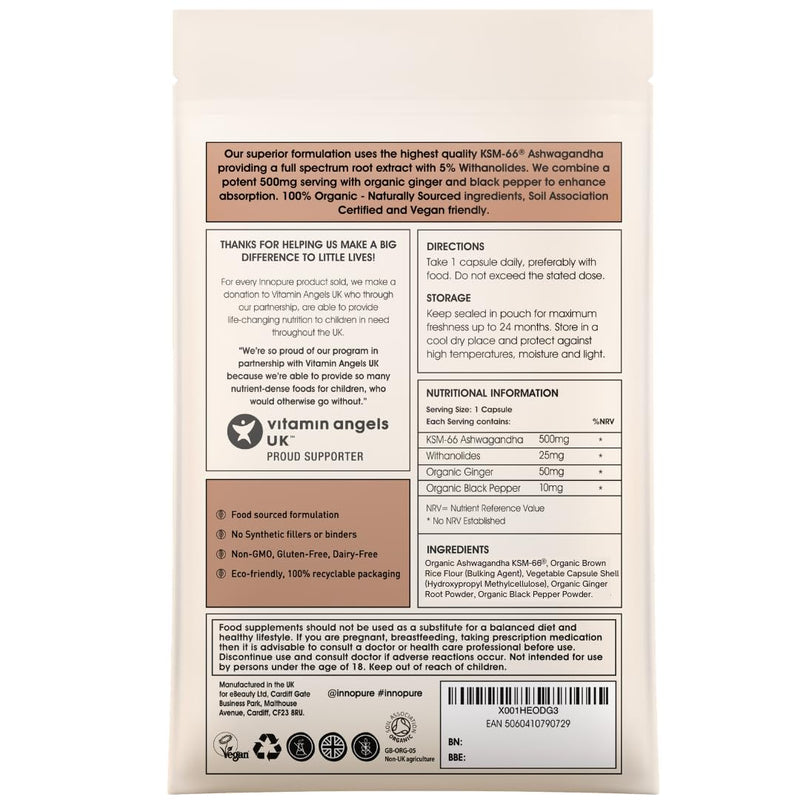 INNOPURE Organic Ashwagandha KSM 66® Pure Fill (No Fillers or Binders) High Strength 500mg of Pure Ashwagandha 5% Withanolides, Organic Ginger & Black Pepper (60 Servings) UK Made