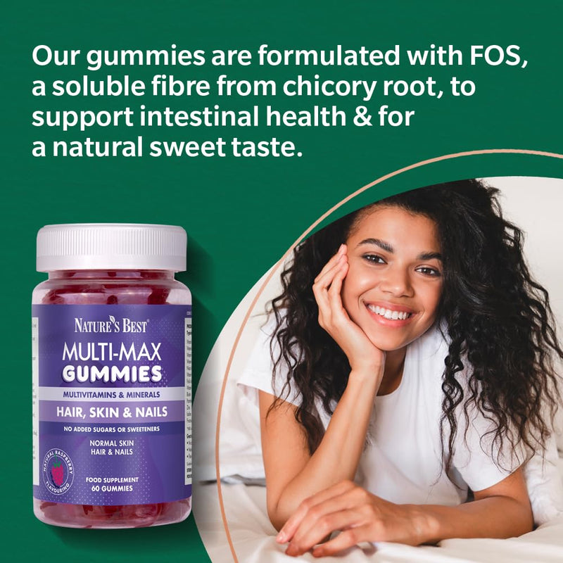 Nature’s Best Multi-Max Multivitamin Gummies for Hair, Skin & Nails - with Biotin, Zinc & Vitamin C - Raspberry Flavour - 60 Gummies (60 Day Supply)
