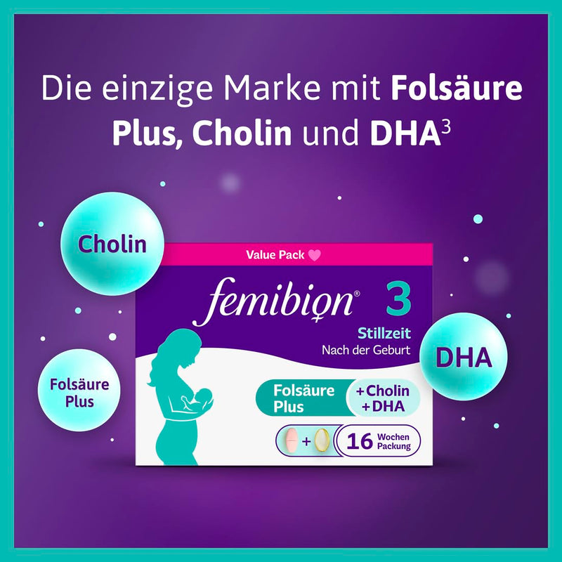 [Australia] - Femibion 3 Breastfeeding, Daily Nutritional Supplement for Lactation, With Choline, DHA, Folic Acid, Metafolin, 8 Week Pack, 2 x 56 Pieces 