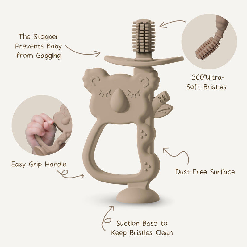 [Australia] - Moonkie Teething Toy, Safe & Easy to Hold BPA Free Silicone Teethers, 360° Baby Toothbrush with Suction Base, Teether Toys Best for Babies 6-12 Months (Koala Warm Taupe) Koala Warm Taupe 1 Pack 