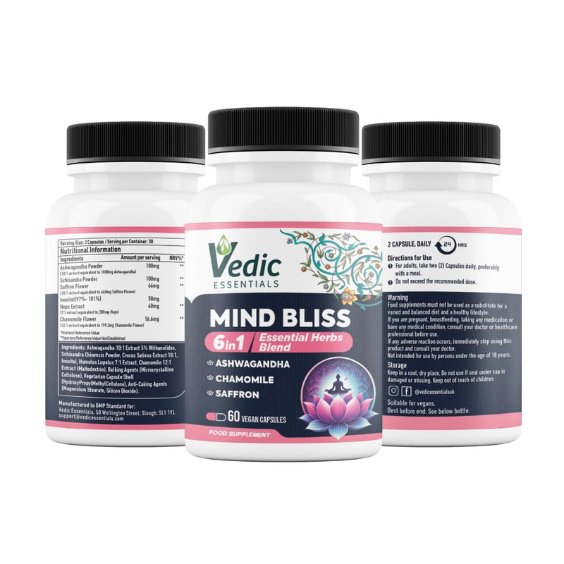 Vedic Mind Bliss- Stress Relief & Sleep Aid | 6-in-1 Ashwagandha Complex +Chamomile +Saffron & More | High Strength Ashwagandha | Anxiety Relief, Calming, Mood Lift | 60 Vegan Capsules 60 count (Pack of 1)