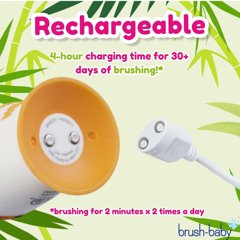 [Australia] - BrushBaby - WildOnes - Kids Rechargeable Electric Toothbrush, Ages 0-10 - Pan-Pan Panda Design with Flashing Lights - DeepClean Bristles for Superior Cleaning - 2 Replacement Brush Heads, 1 USB Cable 