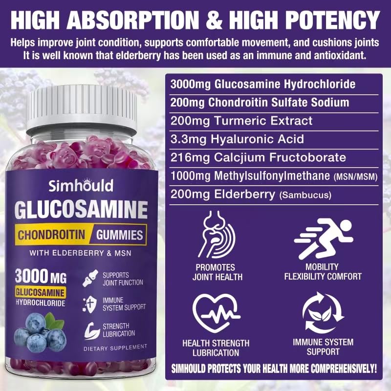 [Australia] - 2 Packs Glucosamine Chondroitin Gummies - 3000MG Extra Strength Joint Support Supplement with MSM & Elderberry, Flexibility, Antioxidant Immune Support Gummy for Adults, Men & Women 60 Count (Pack of 2) 