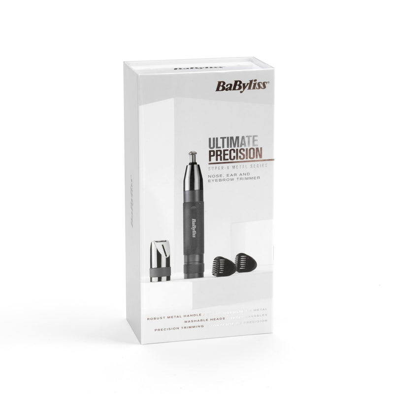 [Australia] - BaByliss Super-X Metal Nose, Ear & Eyebrow Trimmer, 3-in-1 Detail Trimmer, Nose Hair Trimmer, Ear Hair Trimmer, 2 Attachments, 2 Comb Guides, Battery Operated, E116E Silver 