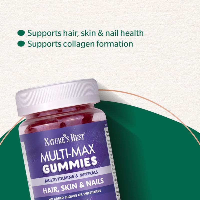 Nature’s Best Multi-Max Multivitamin Gummies for Hair, Skin & Nails - with Biotin, Zinc & Vitamin C - Raspberry Flavour - 60 Gummies (60 Day Supply)