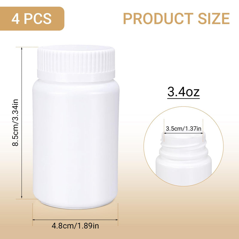 White Pill Bottle, Empty Medicine Bottles with Screw Caps for Pills Capsules Vitamins, Food Grade Plastic Medicine Containers with Labels for Travel (3.4oz/100ml, 4 Pcs) White ['100ml']