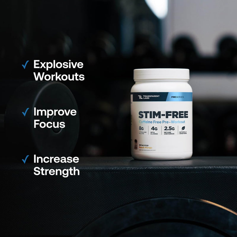 Transparent Labs Stim-Free Pre-Workout - Caffeine & Stim Free Pre Workout Powder for Men and Women with Beta Alanine Powder, Citrulline Malate, & elevATP - 30 Servings, Blue Raspberry