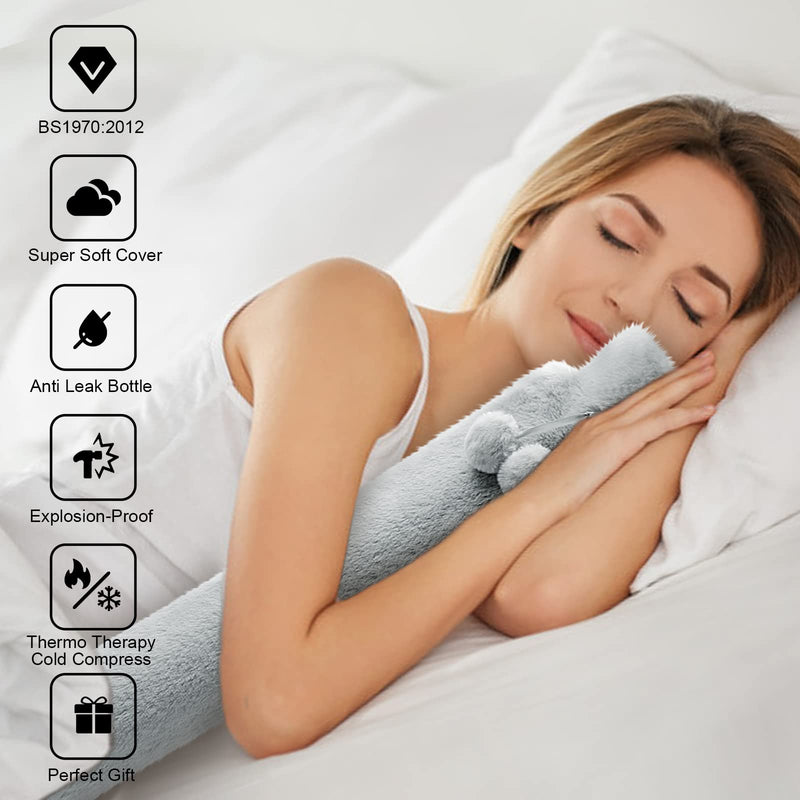 [Australia] - Homealexa Long hot water bottle with soft cover 2 liters, hot water bottle bed bottle, hose hot water bottle for back, neck, shoulder and abdomen, large hot water bottle 73 x 13cm, neck hot water bottle A-gray 