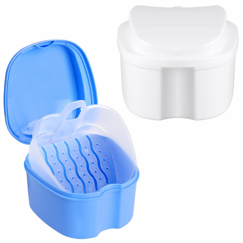 [Australia] - 2 Pack Denture Case, Denture Case for Full Dentures Partial Denture Case Denture Holder Case for Soaking with Srainer Basket Denture Cups for Soaking Dentures (Blue and White) 