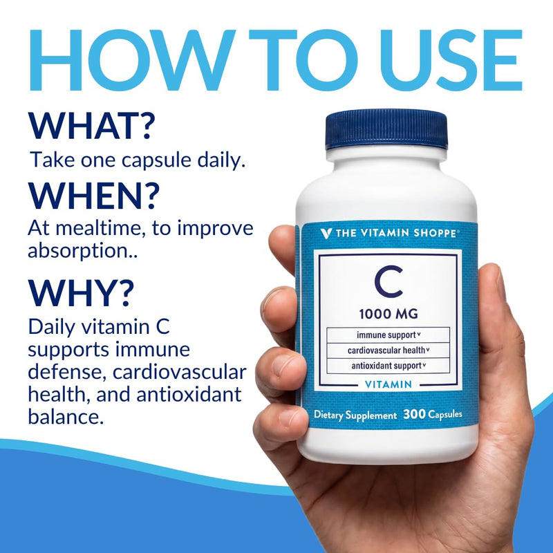 The Vitamin Shoppe Vitamin C 1000 MG with Antioxidants, 300 Capsules | Antioxidant Supplement to Support Immune Function & Cardiovascular Health