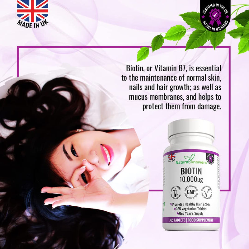 365 Biotin Hair Growth Tablets (1 Years Supply) - Vegetarian 10,000UG Vitamin B7 Supplements for Men and Women, Healthy Hair, Skin & Nails Support - UK Manufactured
