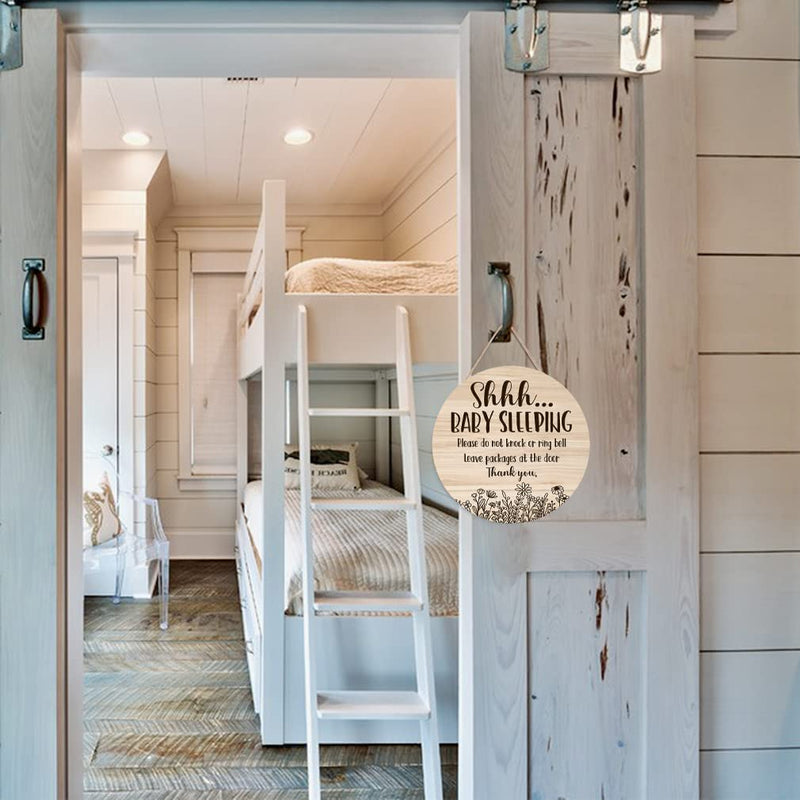 [Australia] - Shhh... Baby Sleeping Hanging Sign Plaque, Do Not Knock Or Ring The Bell, Round Sturdy Wooden Door Hanger for Baby Room, Nursery, Kindergarten, Bedroom, Door Knob Decor 12In 
