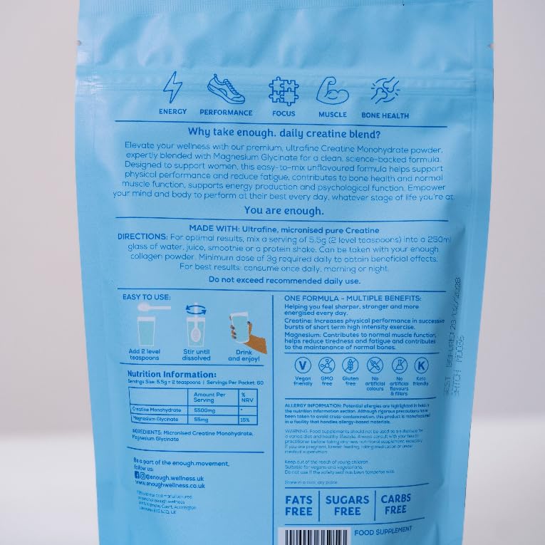 enough. Pure Creatine Powder with Magnesium Glycinate 330g (60 Days) - Monohydrate Creatine Powder, Ultrafine, Premium, 100% Micronised, Easy Dissolve, Vegan, Unflavoured, for Men and Woman