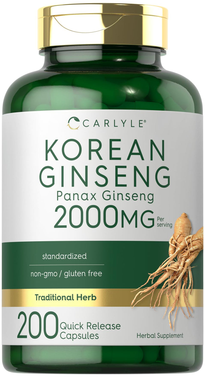 Carlyle Korean Ginseng Extract Capsules 2000 mg | 200 Capsules | Non-GMO and Gluten Free Formula | Standardized Panax Ginseng Supplement 200 Count (Pack of 1)