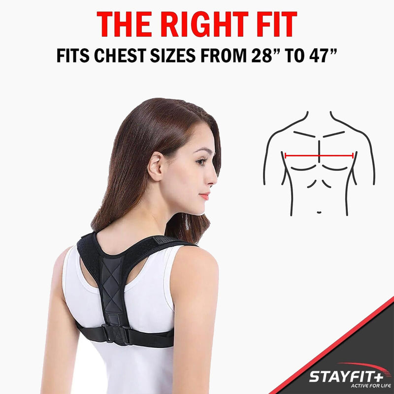 Stayfit Posture Corrector Unisex Back Brace, Adjustable Upper Back Pain Relief Support, Spine Neck Straightener Strap Black