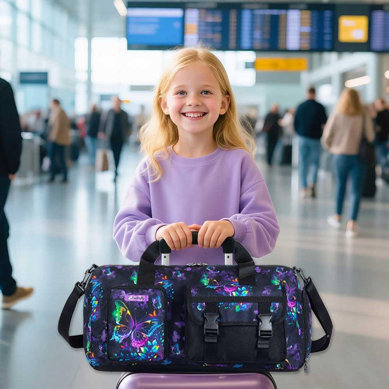 Girls Travel Duffle Bag for Girls 18 Inch, Water-Resistant Sports Bag with Separate Shoe Compartment for Gym, School, Overnight Trips, Camping & Sleepovers, Black Butterfly Girls Travel Duffle Bag - Black Butterfly