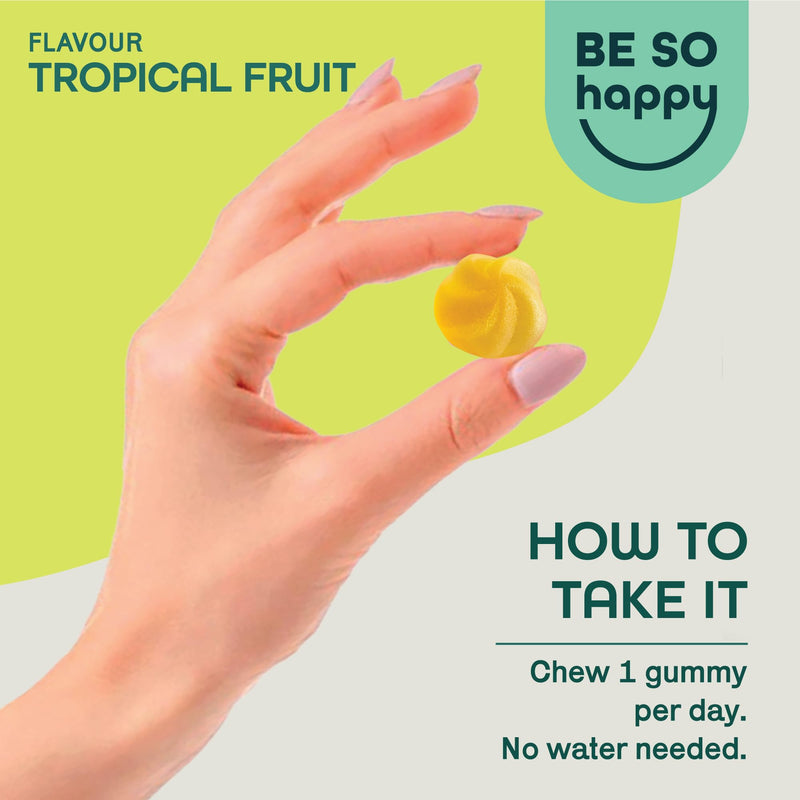 Vegan Prebiotics and Postbiotics, Gummy Bears forGut Health, Immune System & Digestion for Women & Men 60 Days, Complex with Zinc + Vitamin D3, Tropical Fruit Flavor, Gluten Free, Be So Happy®