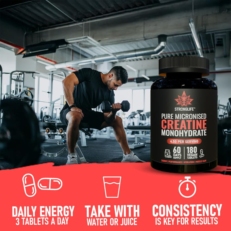 Stronglife Creatine Tablets - 180-1500mg per Tablet, 4500mg Serving, 60-Day Supply, Monohydrate Micronised for Optimal Absorption, Muscle Growth, Performance, Energy Powder, Gummies