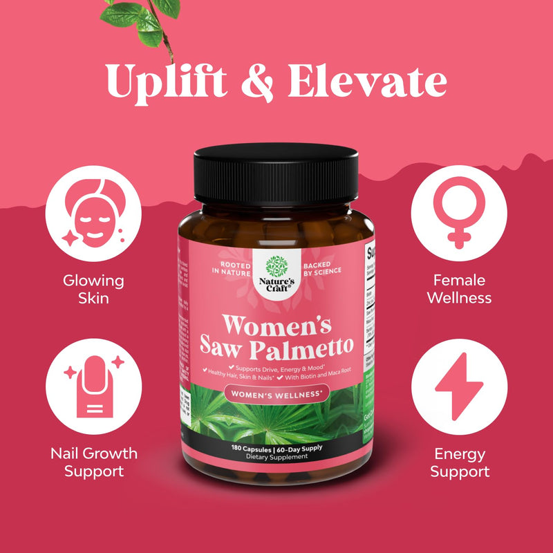 Extra Strength Saw Palmetto for Women - DHT Blocker Restoring Hair Vitamins for Hair Health - 500mg Pure Saw Palmetto Capsules with Maca Root & Biotin for Stronger Healthier Looking Hair 180 Count 180 Count (Pack of 1)