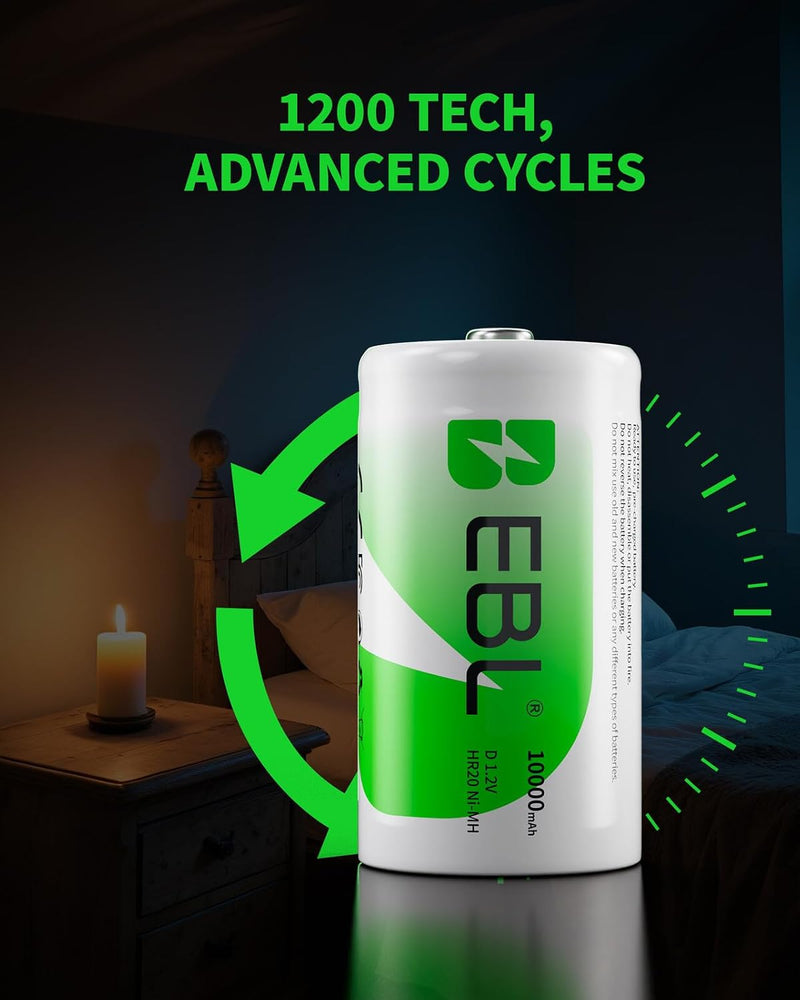 Rechargeable D Cells 10,000mAh 1.2V Ni-MH High Capacity High Rate D Size Battery (4-Counts)