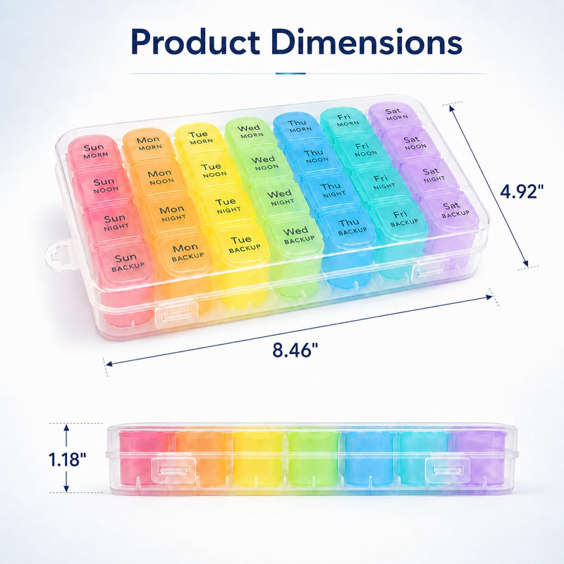 Weekly Pill Organizer 4 Times a Day with Pill Cutter, BPA-Free 7 Day Pill Box and Tablet Cutter Set, Large 28-Compartment Medicine Organizer for Vitamins, Supplements, Fish Oil and Travel Multicolor 1 PACK