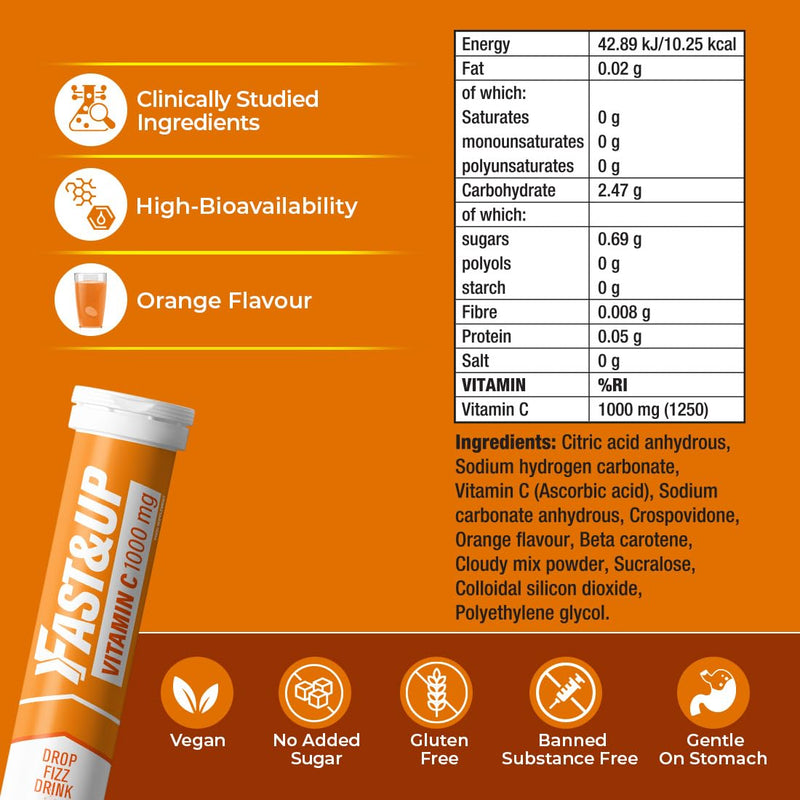 Fast&Up Vitamin C 1000 mg - High Strength - 80 Effervescent Tablets (4 x 20) - Helps Build Strong Immune System - One Daily - Orange Flavour 80 count (Pack of 1)