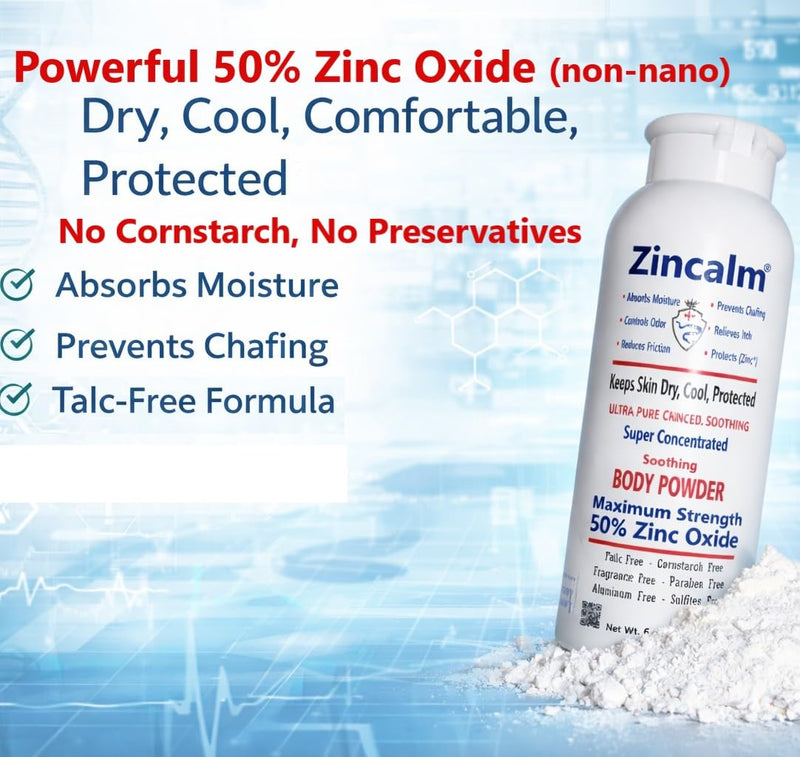 Zincalm All-Natural Body & Foot Powder, Concentrated 50% Zinc, Cornstarch-Free Moisture/Odor Absorbing Anti-Chafing/Friction, Itch Relief Formula for Dry/Cool Skin with Ultra-Pure Calcium & Menthol