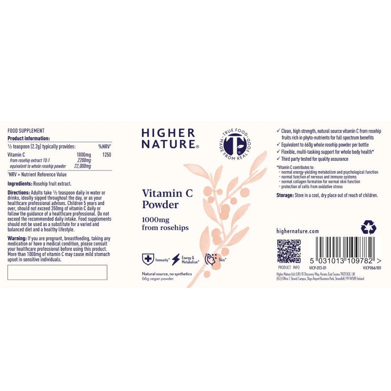 Higher Nature Vitamin C Powder - 1000mg Vitamin C from Rosehips - True Food® Formula - Natural Vit C - Immune System Support - Energy, Beauty, Joint, Bone & Collagen Support - 100% Plant Powered - 66g