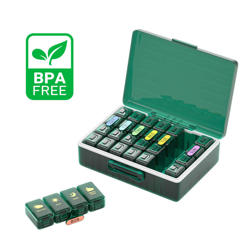 Weekly Pill Organizer 4 Times a Day, Large Compartments Pill Box 4X 7 Day, Medicine Organizer Pill Case for Pills/Vitamins/Fish Oils/Medication/Supplements (4x7 Dark Green) 4 Times x 7 Days