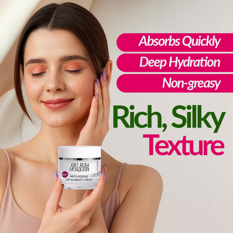 Face Cream - Moisturiser Face Men Women, Day & Night Cream with Rosehip Seed Oil, Shea Butter, Coconut Oil, Aloe Vera, Red Algae, Vegan, Non-Greasy, 50ml Face Moisturiser Rosa Mosqueta Day & Night Cream Pack of 1