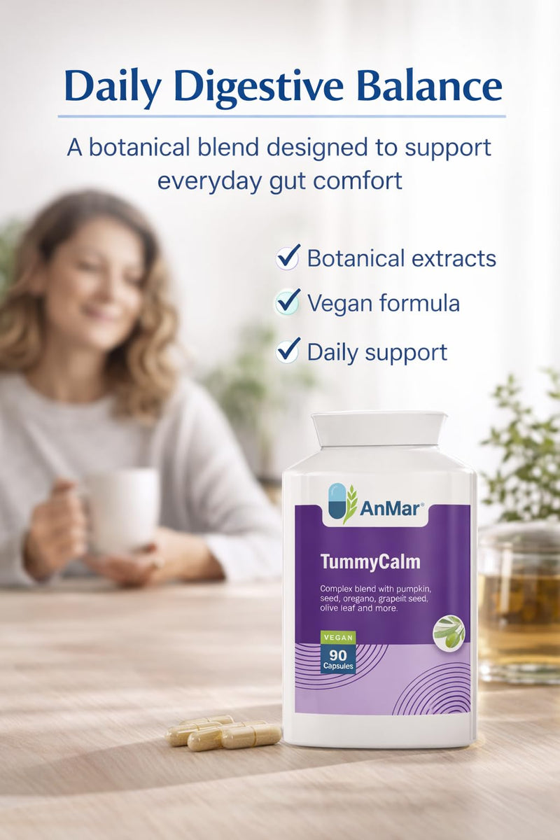 AnMar® TummyCalm Digestive Botanical Complex – Pumpkin Seed, Oregano Leaf, Grapefruit Seed & Olive Leaf Extract – Herbal Digestive Support Supplement – Vegan Capsules – 90 Capsules