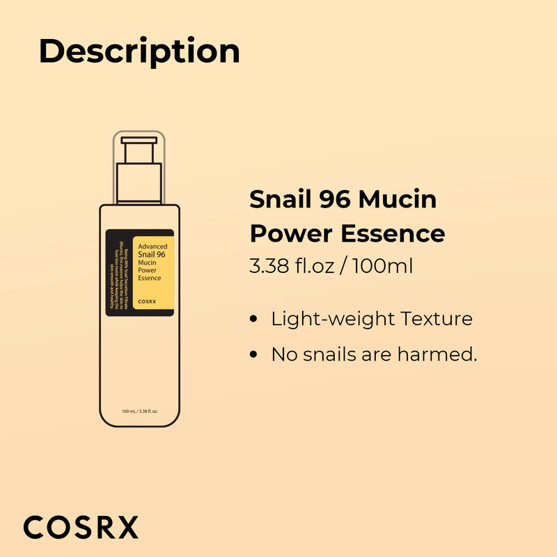 COSRX Snail Mucin 96% Power Repairing Essence 3.38 fl.oz 100ml, Hydrating Serum for Face with Snail Secretion Filtrate for Dull Skin & Fine Lines, Korean Skincare 3.38 Fl Oz (Pack of 1)