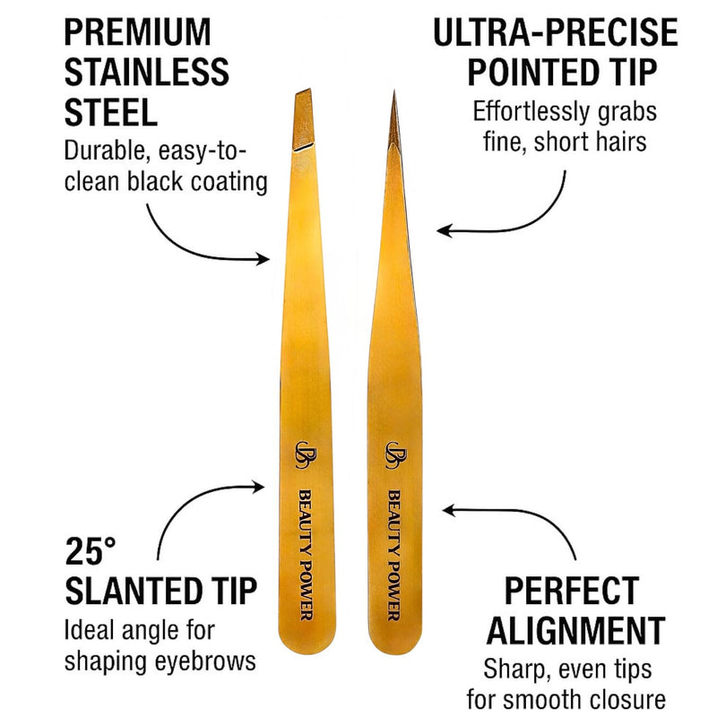 [Australia] - Professional Tweezers Set – Slant & Point, Ultra Precision German Stainless Steel Tweezers for Eyebrows, Chin, Ingrown Hair & Facial Grooming – Lightweight with Travel Case (Matte Gold) 2 / Matte Gold in Case 