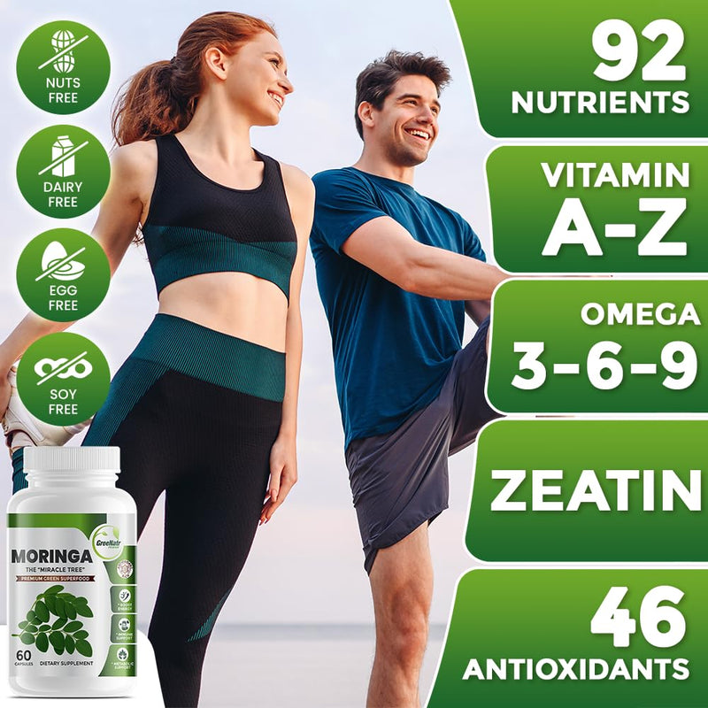 Pure Moringa Oleifera Green Superfood Capsules with Vitamin C, Omega 3 & Amino Acids - Boosts Energy, Mood, Memory, Immune Support - Made from Organic Moringa, Non-GMO - 60 Capsules (1 Bottle) | Boosts Energy, Mood, Memory, Immune Support - Made from O...
