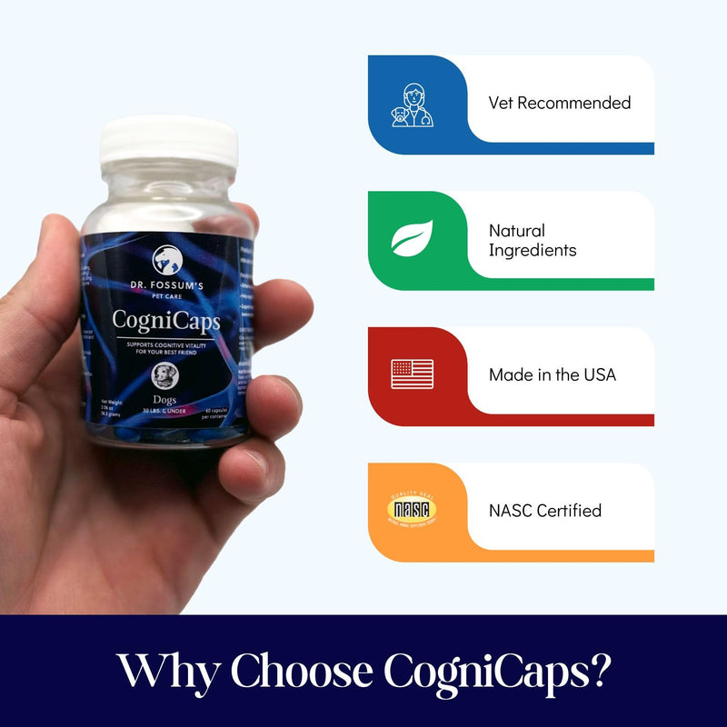 Dr. Fossum's CogniCaps Dog Cognitive Supplement – Multivitamin for Dogs Brain Health with SAM-e, Coenzyme Q10, Polygala, Curcumin – Senior Dog Supplements for Cognitive Support 30 lbs & under - PawsPlanet Australia