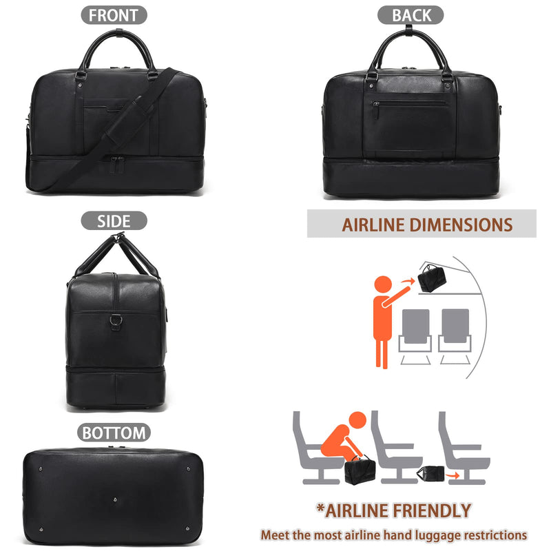 4-in-1 Leather Duffle Bag Weekender Bag for Women Men Large Overnight Bag | Hospital Gym Bag Carry On Personal Item Travel Duffel Bags with Shoe Compartment Toiletry Satchel Bag Fit 21" Laptop Black