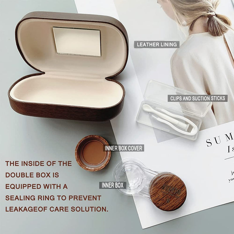 [Australia] - CARUNCOO Wood Grain Contact Lens Case Compact Eye Contact Case for Travelling Portable Contact Box with Mirror Rectangle，Cute Colorful Especially Elegant Brown 4 Piece Set 