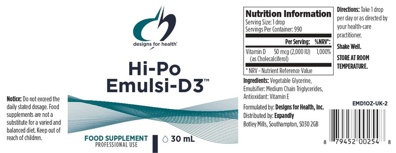 Designs for Health Hi-Po Emulsi-D3 - Vitamin D Drops - High Potency Liquid Vitamin D3, 2,000 IU per Drop - Bones, Teeth & Immune Support - Vegetarian, Non-GMO, Gluten Free, Dairy Free - 30 ml
